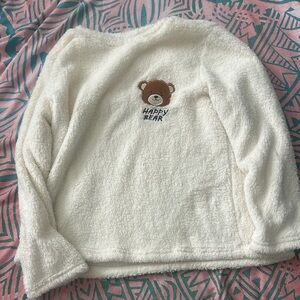 Cream Fuzzy Sweater with Bear Design